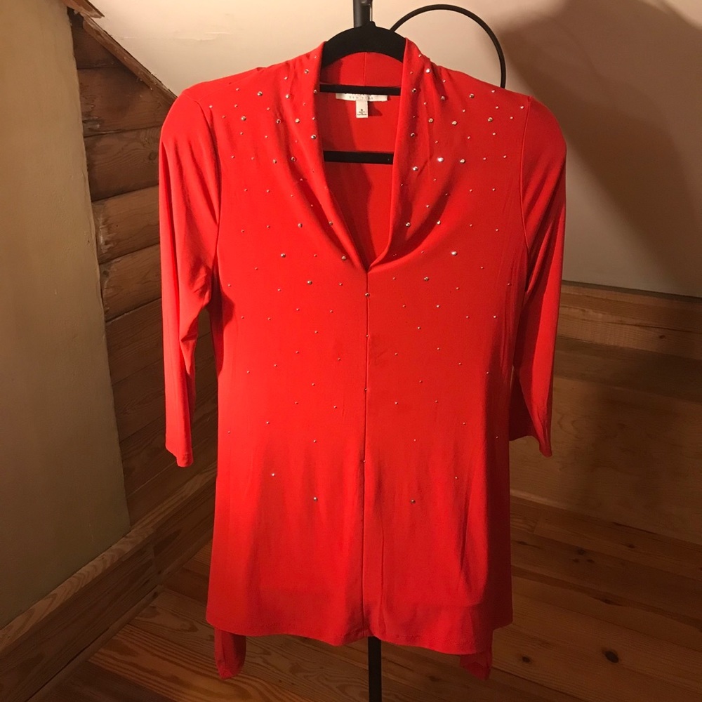 ๐ธ5/$30๐ธ Chaus Red Rhinestone Asymmetrical Top, EUC, S - Picture 2 of 13